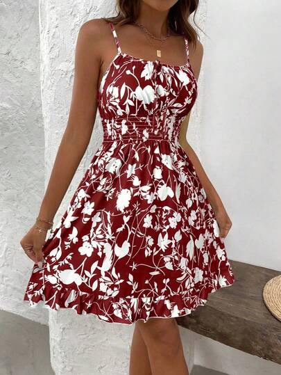 Breezaya Robe mini vintage à imprimé floral avec bretelles, robe de vacances chic affinante et polyvalente