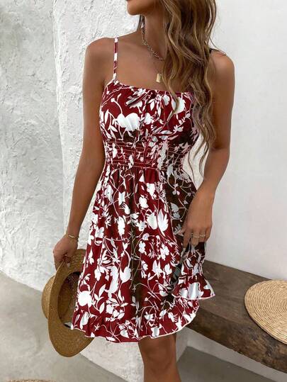 Breezaya Robe mini vintage à imprimé floral avec bretelles, robe de vacances chic affinante et polyvalente