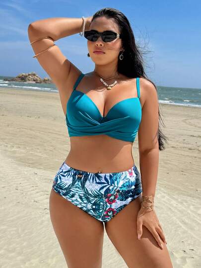 Swim Vcay Maillot de bain deux pièces grande taille printemps/été 2026, nouveau modèle best-seller, couleur unie avec patchwork et imprimé numérique, bretelles ajustables, bonnets rigides push-up avec armatures, devant croisé, dos facile à enfiler/retirer