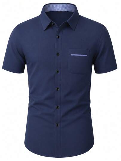 Chemise Manfinity Mode pour hommes, couleur bleu marine, à boutons, manches courtes, décontractée et formelle, pour un port quotidien