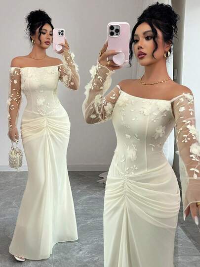 Elenzya Robe de soirée longue élégante à épaules dénudées et froncée pour femmes