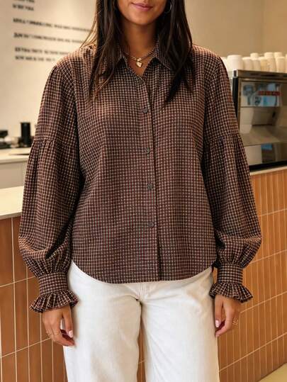 Chemise ample à carreaux marron avec boutons pour femmes, blouse à manches à volants, convient pour le bureau, les vacances, le port quotidien, le printemps, l'automne, l'hiver
