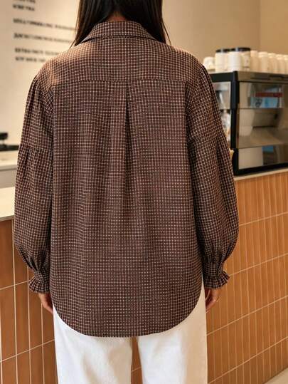 Chemise ample à carreaux marron avec boutons pour femmes, blouse à manches à volants, convient pour le bureau, les vacances, le port quotidien, le printemps, l'automne, l'hiver
