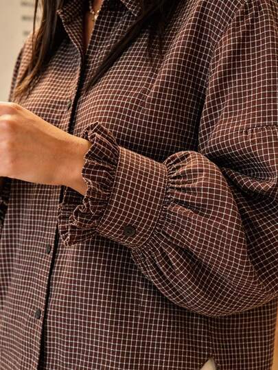 Chemise ample à carreaux marron avec boutons pour femmes, blouse à manches à volants, convient pour le bureau, les vacances, le port quotidien, le printemps, l'automne, l'hiver