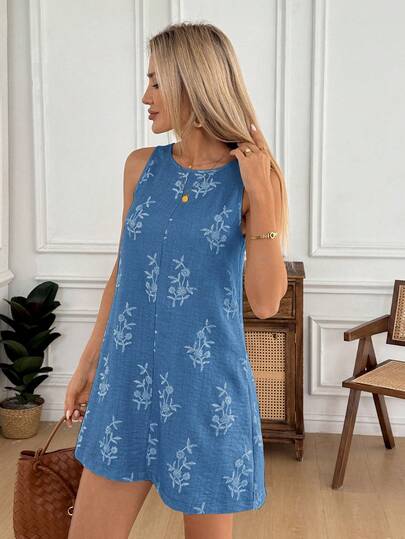 Easowa Robe courte décontractée pour femmes avec imprimé floral, col rond, sans manches et poches