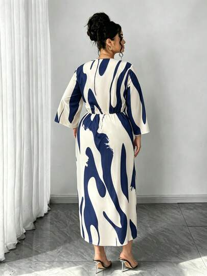 Elenzga Robe grande taille pour femme, élégante, style minimaliste, pour trajet quotidien, formelle, brunch, rendez-vous, soirée, sexy, banquet, avec fente, poignets ajustés, bleu marine avec imprimé floral, automne