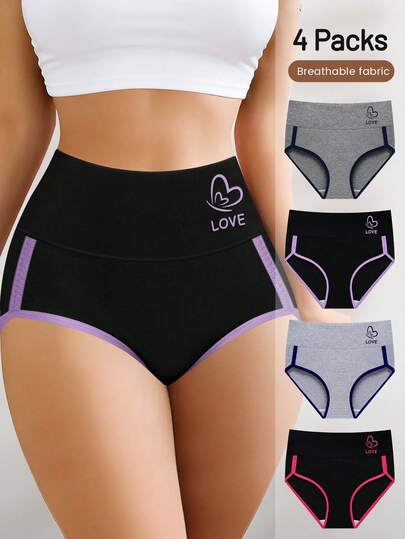 4 pièces/paquet Culottes taille haute pour femmes grandes tailles, couleurs contrastées, culottes triangulaires confortables, douces et