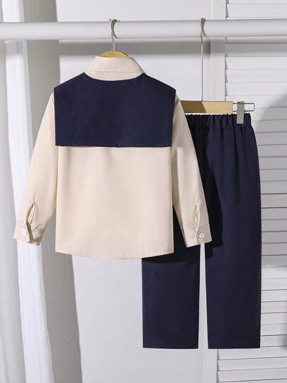Costumes pour jeunes garçons, chemise à manches longues abricot et châle, pantalon de costume bleu marine, gentleman à la mode, convient pour fête d'anniversaire, soirée, représentation, mariage, pleine lune, baptême, rentrée scolaire, saison sportive, vê