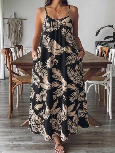 VCAY Robe camisole imprimé plantes tropicales pour femmes grande taille pour vacances et plage