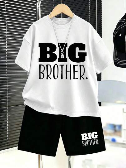 Ensemble T-shirt col ras-du-cou imprimé lettres Big Brother + Short, tenue d'été confortable et minimaliste pour garçons préadolescents