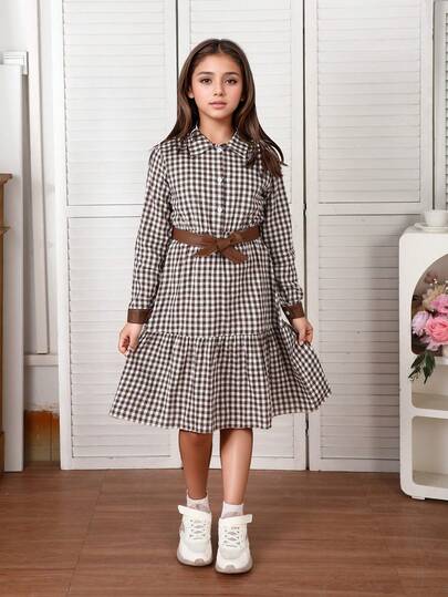 Robe à manches longues à carreaux pour filles, motif à carreaux marron et blanc, ceinture à nœud avec bordure , pour un port quotidien