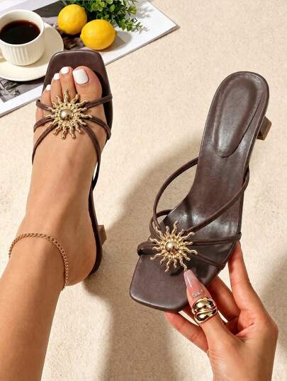 planare Sandales d'été pour femmes avec métal, talons hauts marron, talons hauts élégants pour femmes, talons hauts pour femmes, vacances, sandales de vacances pour femmes, marron, plage