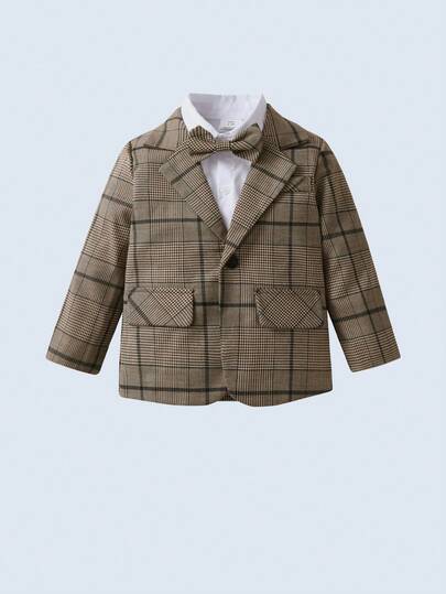 BOARNSEORL Ensemble 3 pièces pour jeunes garçons gentleman avec chemise à manches longues, nœud papillon, veste de costume kaki et pantalon, élégant et à la mode, convient pour les fêtes d'anniversaire, les soirées, les mariages, les fêtes de pleine lune,