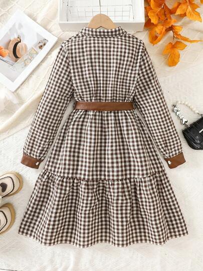 Robe à manches longues à carreaux pour filles, motif à carreaux marron et blanc, ceinture à nœud avec bordure , pour un port quotidien