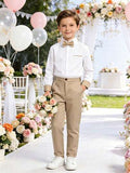 2 pièces Ensemble tenue chemise verte pour garçon préadolescent gentleman : Chemise verte à manches longues + Nœud papillon + Pantalon vert, Tenue élégante pour anniversaire, mariage, anniversaire, récital, occasions formelles