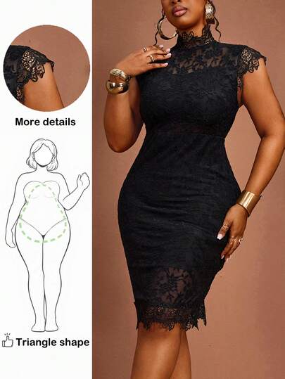 Enliva Robe moulante élégante d'été en maille avec dentelle contrastée pour femmes grandes tailles, pour morphologie en poire et en triangle