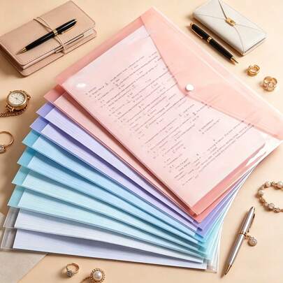 10 pièces Dossiers format A4, tons doux, sacs de classement en plastique épais à grande capacité avec bouton-pression, sacs de documents, sacs de rangement pour copies d'examen, sacs organisateurs de fichiers transparents, rentrée scolaire