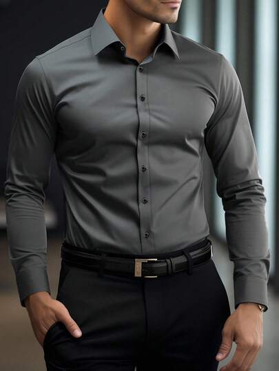 Manfinity Mode Chemise à manches longues gris foncé pour hommes, chemise formelle unie à boutons devant, style business décontracté pour l'automne, pour le bureau, le port quotidien, le travail, les fêtes et les cérémonies