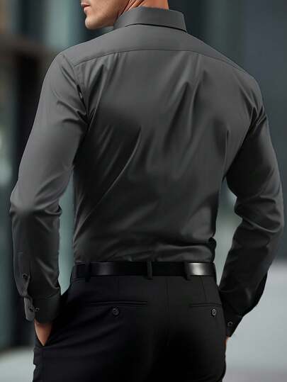 Manfinity Mode Chemise à manches longues gris foncé pour hommes, chemise formelle unie à boutons devant, style business décontracté pour l'automne, pour le bureau, le port quotidien, le travail, les fêtes et les cérémonies