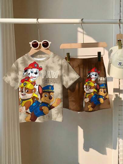 | PAW Patrol Ensemble 2 pièces T-shirt à manches courtes col rond et short pour jeune garçon, style décontracté simple, ample et confortable, imprimé motif dessin animé classique mignon, motif chiot mignon, convient pour le printemps et l'été