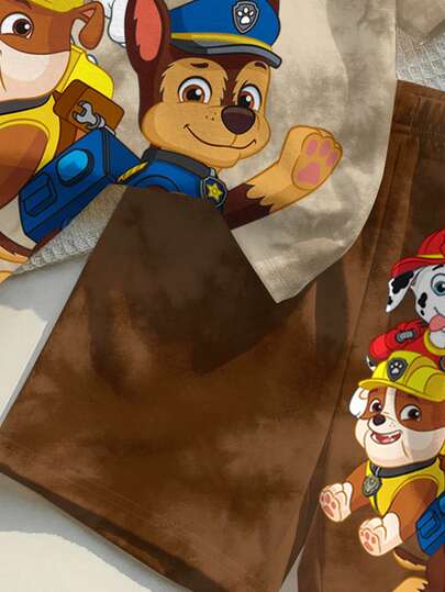 | PAW Patrol Ensemble 2 pièces T-shirt à manches courtes col rond et short pour jeune garçon, style décontracté simple, ample et confortable, imprimé motif dessin animé classique mignon, motif chiot mignon, convient pour le printemps et l'été