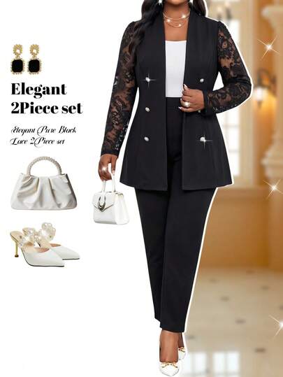 Fleurora Ensemble de veste à manches longues et pantalon en dentelle contrastée pour femmes grande taille, tenue élégante décontractée pour le travail, les rendez-vous formels, les mariages, vêtements d'été, noir
