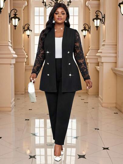 Fleurora Ensemble de veste à manches longues et pantalon en dentelle contrastée pour femmes grande taille, tenue élégante décontractée pour le travail, les rendez-vous formels, les mariages, vêtements d'été, noir