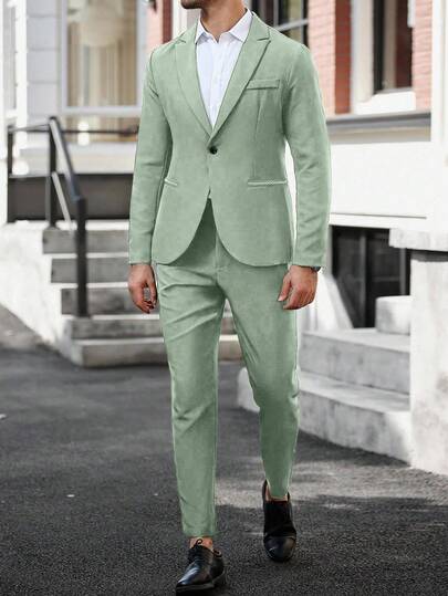 Manfinity Mode Ensemble de costume décontracté pour hommes avec blazer à col revers et manches longues et pantalon de couleur unie, tenue de mariage pour hommes, costume de mode formel, cérémonie