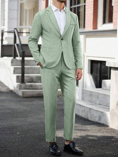 Manfinity Mode Ensemble de costume décontracté pour hommes avec blazer à col revers et manches longues et pantalon de couleur unie, tenue de mariage pour hommes, costume de mode formel, cérémonie
