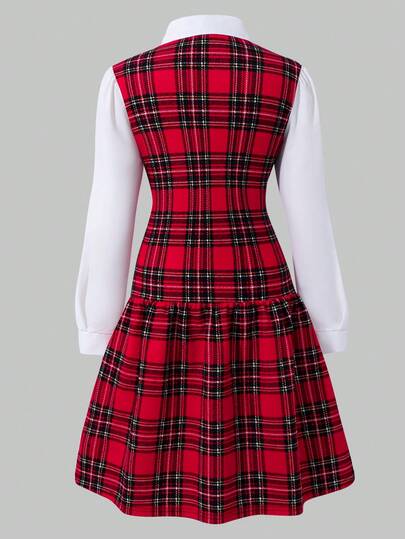 Robe mini 2 en 1 à carreaux pour filles préadolescentes, manches longues, col, décoration nœud, épissure de chemise, mode, style preppy, automne/hiver, tenue