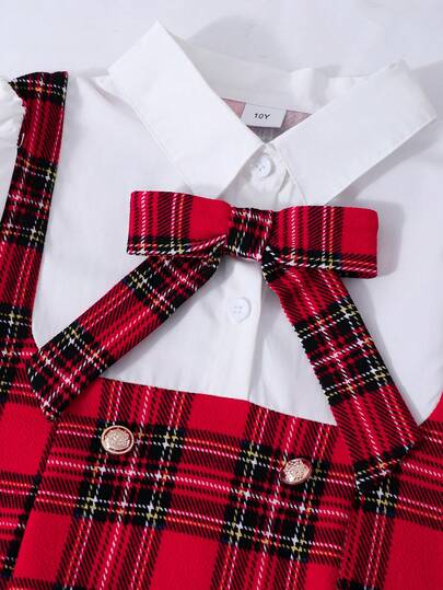 Robe mini 2 en 1 à carreaux pour filles préadolescentes, manches longues, col, décoration nœud, épissure de chemise, mode, style preppy, automne/hiver, tenue