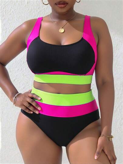 Slaydiva Nouvel ensemble de maillot de bain deux pièces style bikini pour femmes grandes tailles, avec blocs de couleurs et patchwork, bas triangle taille haute