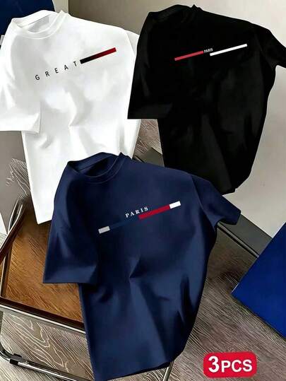 3 pièces - T-shirt à col rond à manches courtes avec imprimé de monuments de la ville populaire pour les garçons préadolescents, convient pour le port quotidien des garçons, la tenue scolaire, le style de rue, le Top d'été à la mode pour les garçons, déco