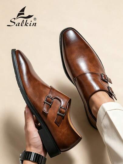 Salkin Mocassins à boucle de moine vintage pour hommes, bout pointu, style Glissant. Chaussures de cérémonie élégantes pour gentilhomme. Convient aux hommes d'âge moyen, jeunes, étudiants, retour à l'école, cérémonie de remise des diplômes, bureau, affair