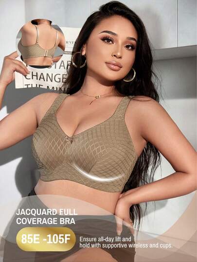 Soutien-gorge sans fil pour femmes de grande taille, doux et confortable, jacquard ondulé, décoration de nœud, éponge douce et bretelles réglables