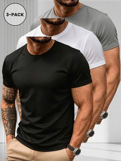 3 pièces/Set T-shirts de sport d'été à séchage rapide pour hommes - Col rond multicolore à manches courtes, hauts polyvalents et respirants, convenant pour la fitness et la course, légers