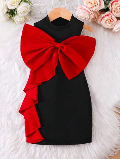 Elladie kids Robe noire côtelée avec nœud papillon bordeaux pour jeunes filles, tissu noir côtelé riche en texture, élégante et charmante. Nœud papillon surdimensionné contrastant en bordeaux, frais et charmant, style princesse doux. Coupe confortable, fa