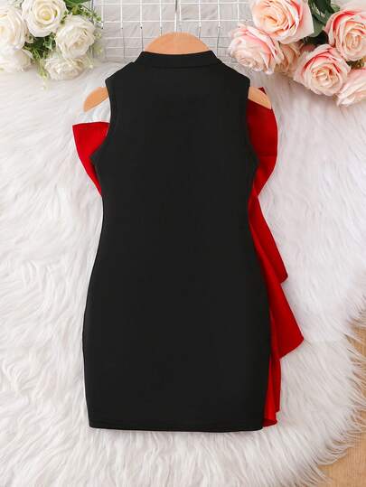 Elladie kids Robe noire côtelée avec nœud papillon bordeaux pour jeunes filles, tissu noir côtelé riche en texture, élégante et charmante. Nœud papillon surdimensionné contrastant en bordeaux, frais et charmant, style princesse doux. Coupe confortable, fa