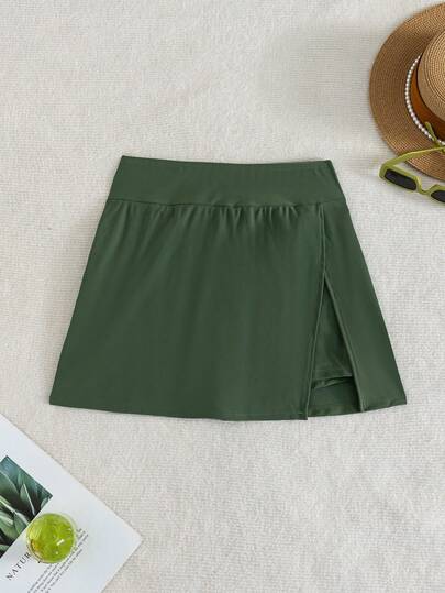 Swim Lushoire Pantalon de bain pour femme, couleur unie, fente latérale, élégant, style tropical actif, design jupe-short, vert aqua, été