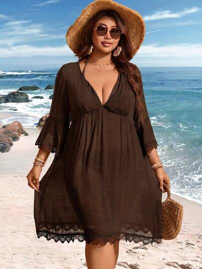 Swim Lushoire Cache-maillot grande taille à col en V, patchwork de dentelle et manches évasées