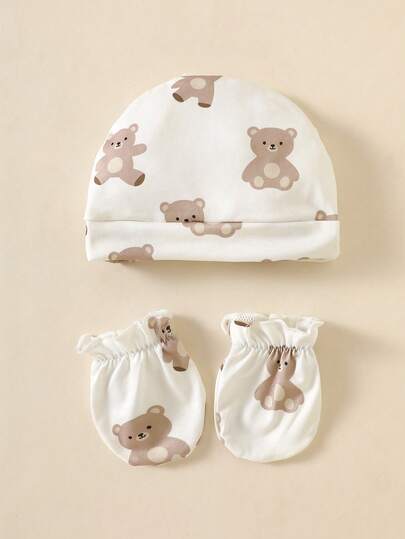 Ensemble cadeau 5 pièces pour nouveau-né, barboteuse à manches longues imprimée de dessins animés avec patte de boutonnage complète, chapeau blanc, gants, couverture et bavoir, style mignon décontracté d'été
