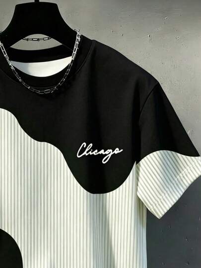 Manfinity Homme T-shirt décontracté polyvalent à col rond, manches courtes, avec rayures et lettres pour hommes