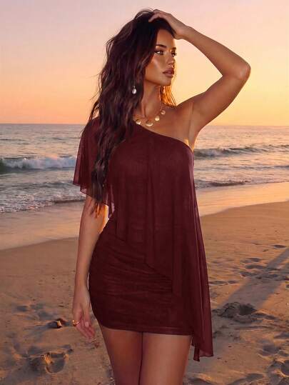 Aloruh Robe mini de vacances pour femmes, couleur unie, patchwork, volants, une épaule