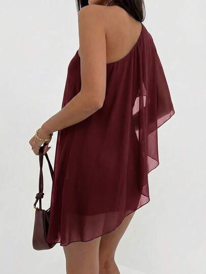Aloruh Robe mini de vacances pour femmes, couleur unie, patchwork, volants, une épaule