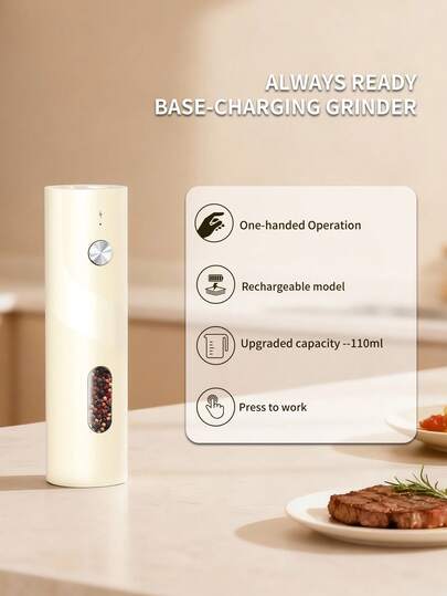 Moulin à sel et poivre électrique premium, moulin automatique à une main avec lumière LED & base de chargement éclairée, 3 options : unité à batterie intégrée unique, 2 paquets d'unités à batterie intégrée, coffret cadeau avec base de chargement, gadget d
