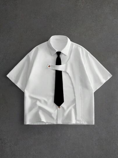 ROMWE MEN Essentials Chemise décontractée à manches courtes et design déstructuré pour hommes