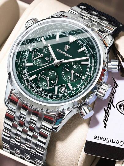 POEDAGAR 1 pièce Montre à quartz en acier inoxydable pour hommes d'affaires, chronographe avec date, étanche et lumineuse, montre-bracelet pour homme, convient pour les occasions de travail, cadeau pour hommes