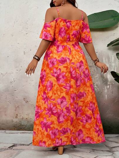 VCAY Robe de vacances grande taille à épaules ouvertes, manches courtes, rose à fleurs, style bohème décontracté, pour plage, vacances d'été et occasions formelles