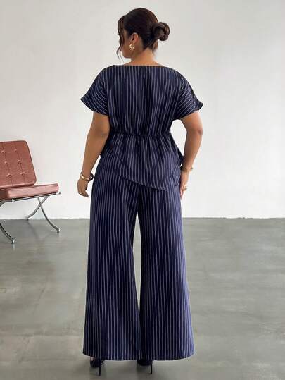 Firerie Ensemble grande taille pour femmes avec Top rayé et pantalon long, style décontracté élégant, business décontracté, pour tous les jours, été/Fête des enseignants, bureau, travail, formel, bleu marine
