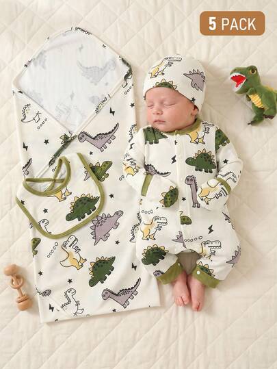 Vêtements pour nourrissons nouveau-nés, imprimé mignon de petit dinosaure, boîte cadeau confortable, ensemble de literie printemps-été, barboteuse bébé blanc unisexe pour nouveau-né et fête de la pleine lune